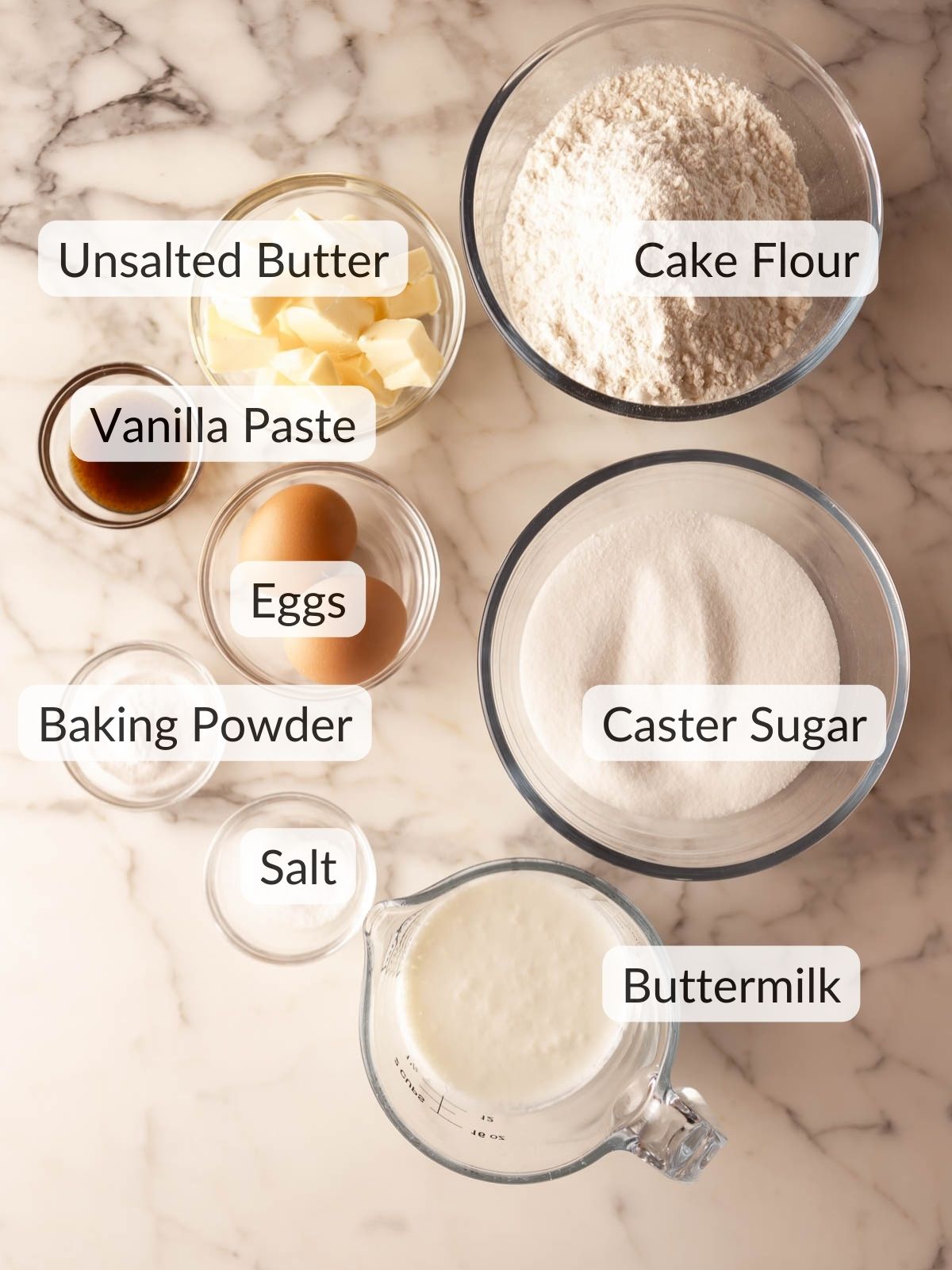 Ingredients needed to make the softest vanilla cupcakes.