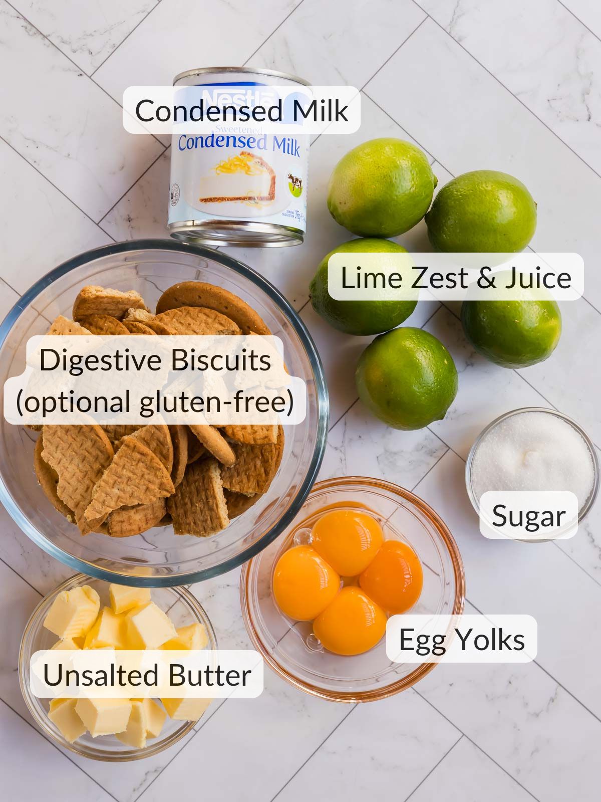 Ingredients needed to make an authentic Key lime pie, with a gluten free option.