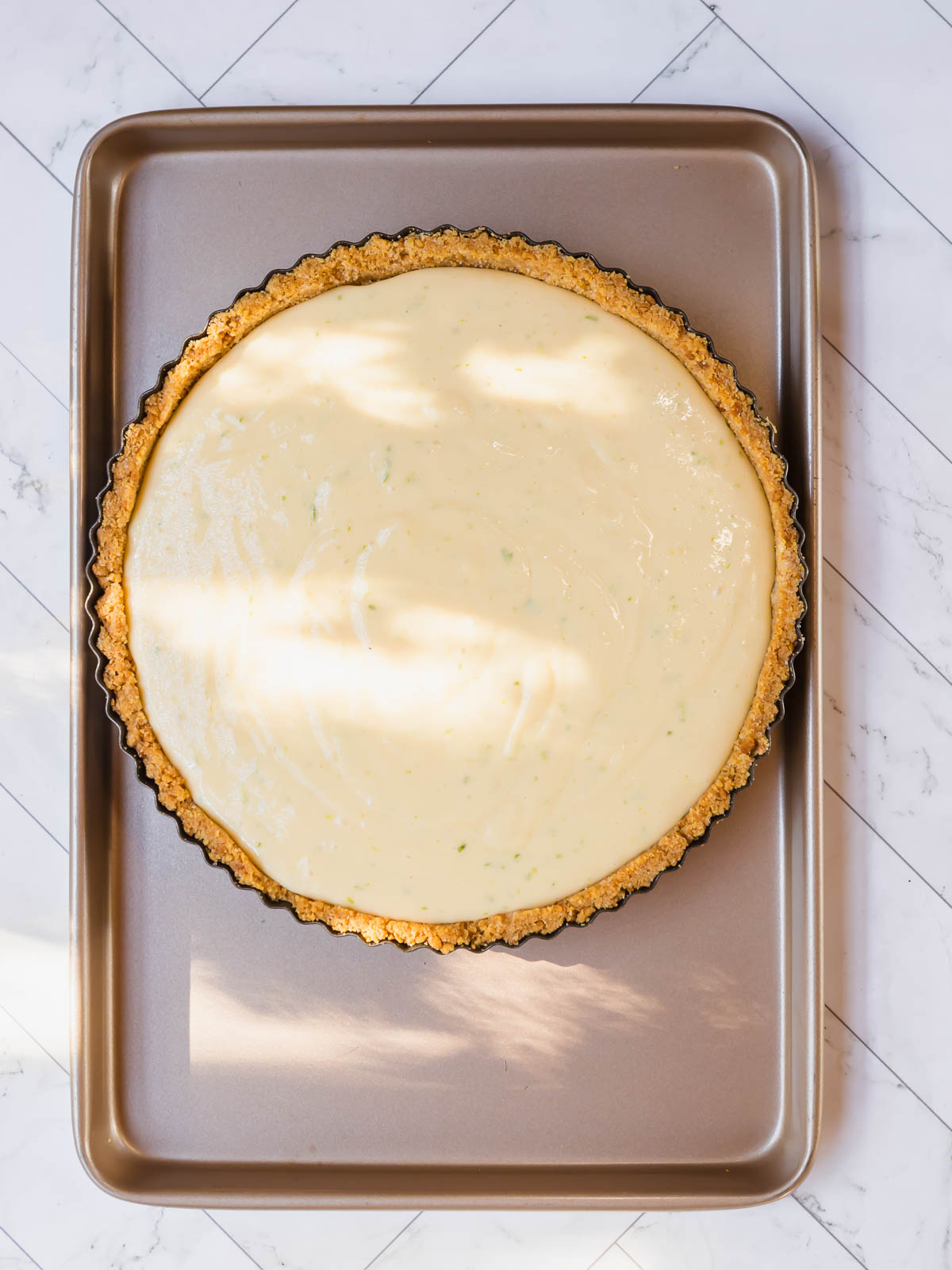 Baking the gluten-free Key Lime Pie in the oven until set.