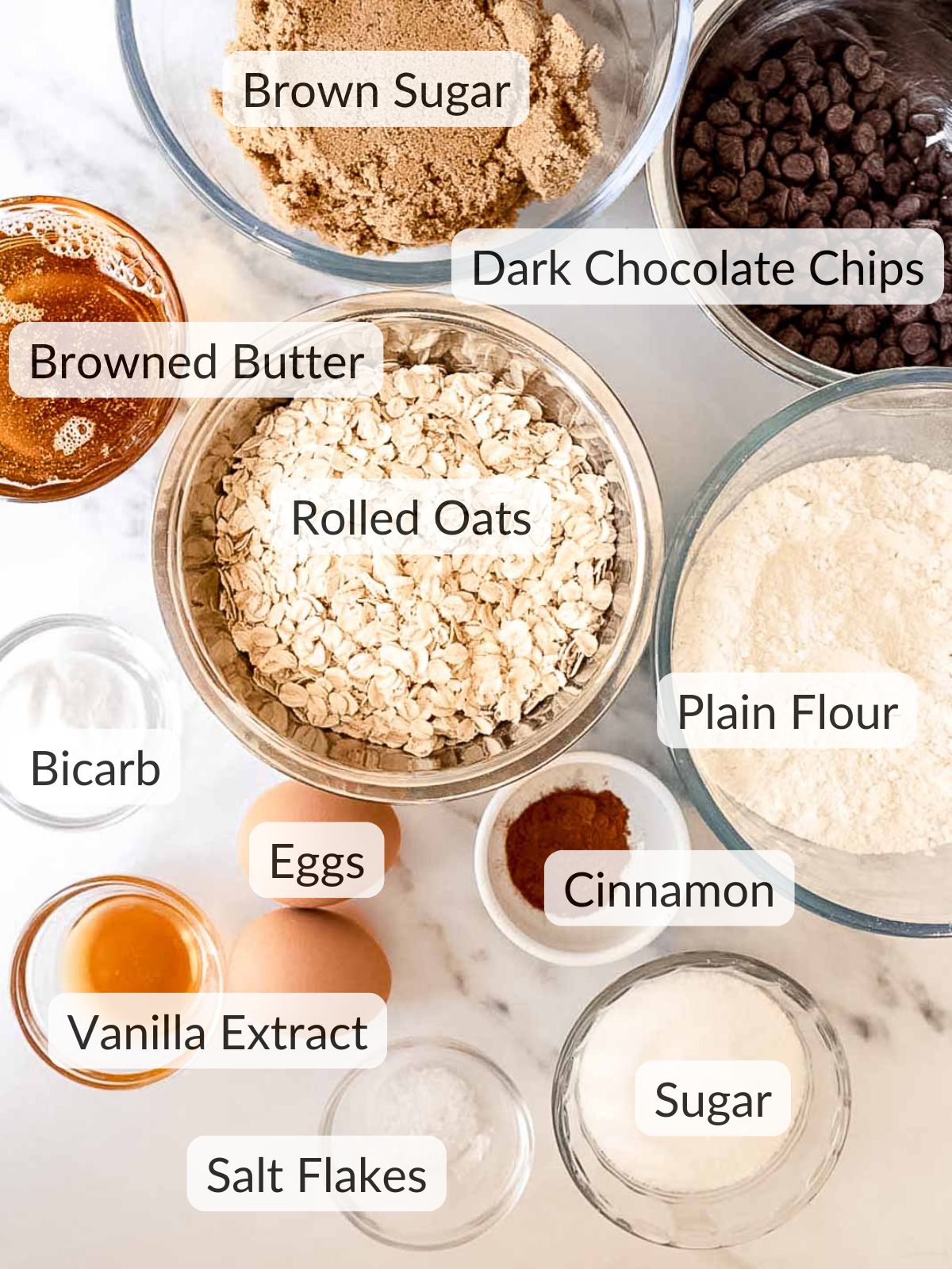 Ingredients needed to make these easy browned butter oatmeal cookies