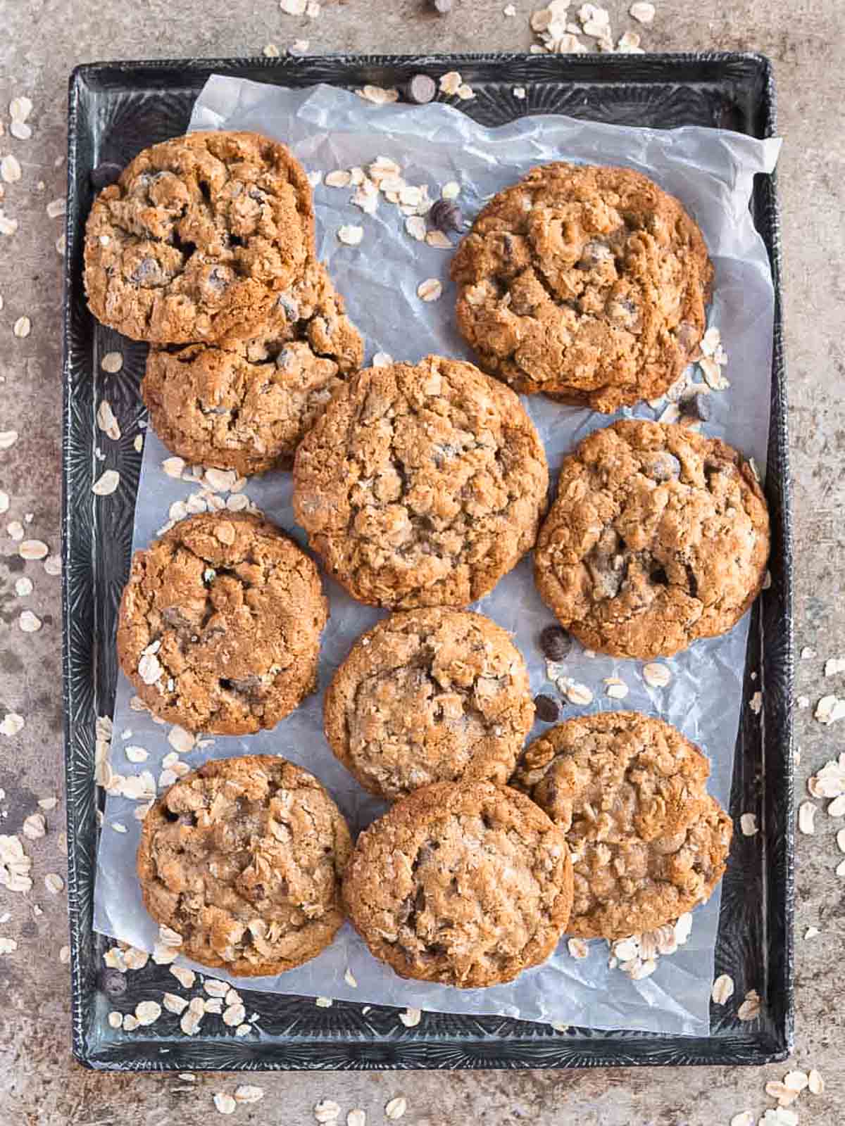 Baked browned butter oatmeal cookies on a tray.