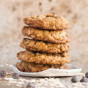 5 browned butter oatmeal cookies stacked on a plate