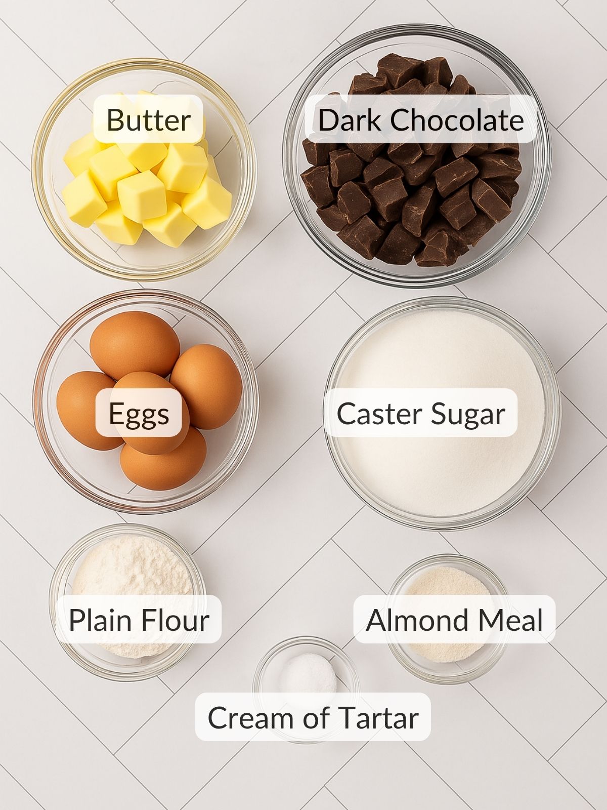 The ingredients needed to make a chocolate fudge cake.