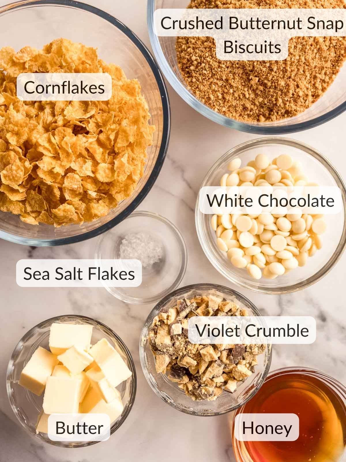 Ingredients needed to make this no bake Honey Joy Slice recipe.