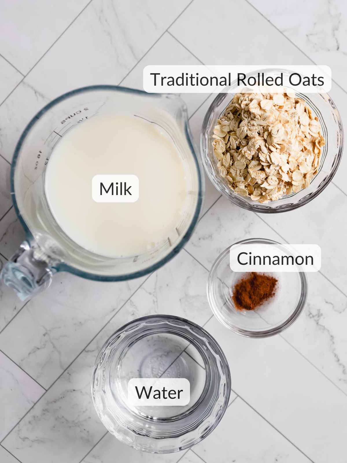 Ingredients needed to make a creamy porridge.