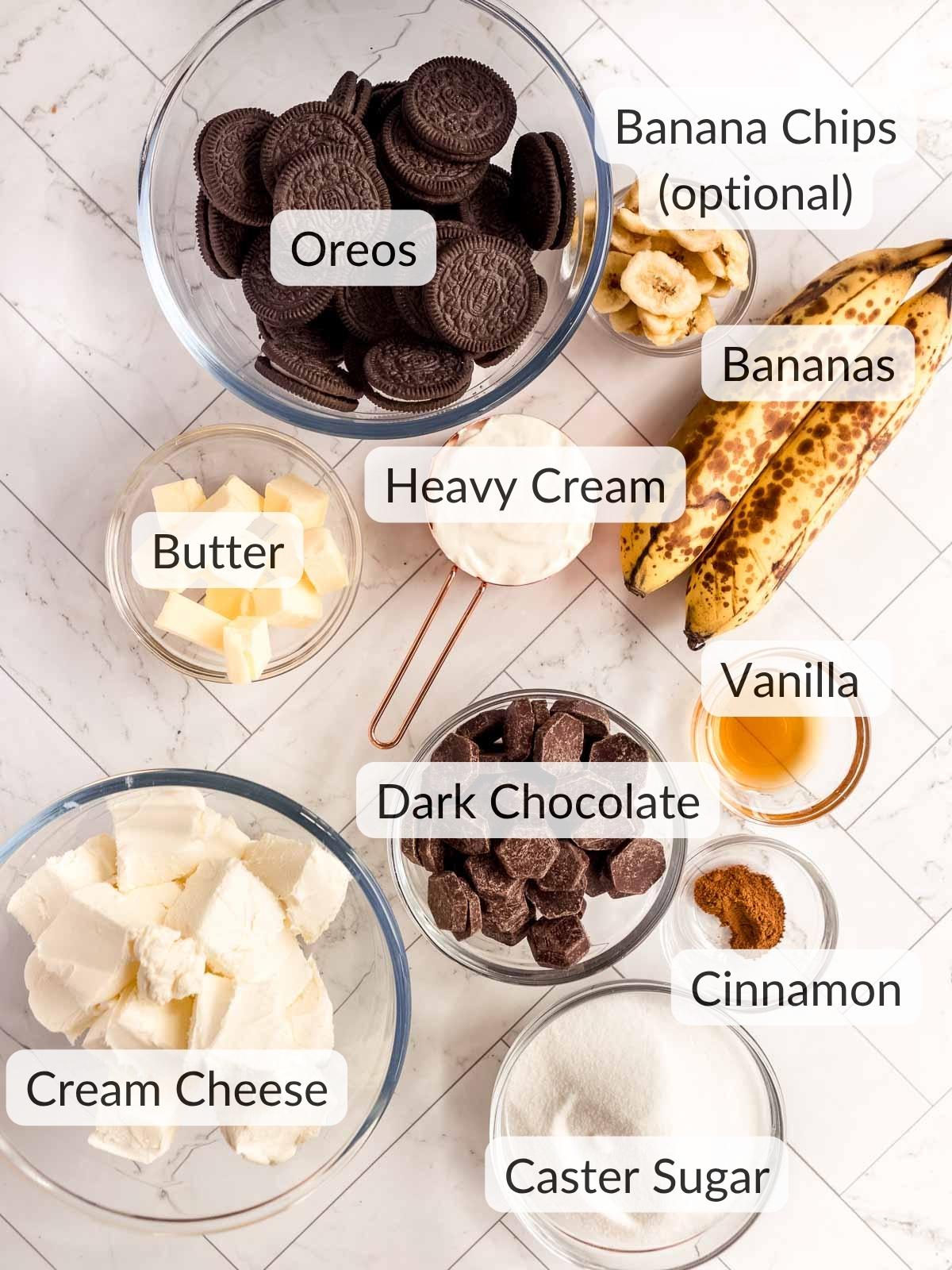 Ingredients you need to make a chocolate banana cheesecake.