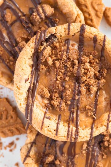 Biscoff stuffed cookies, using no chill chocolate chip cookie recipe.