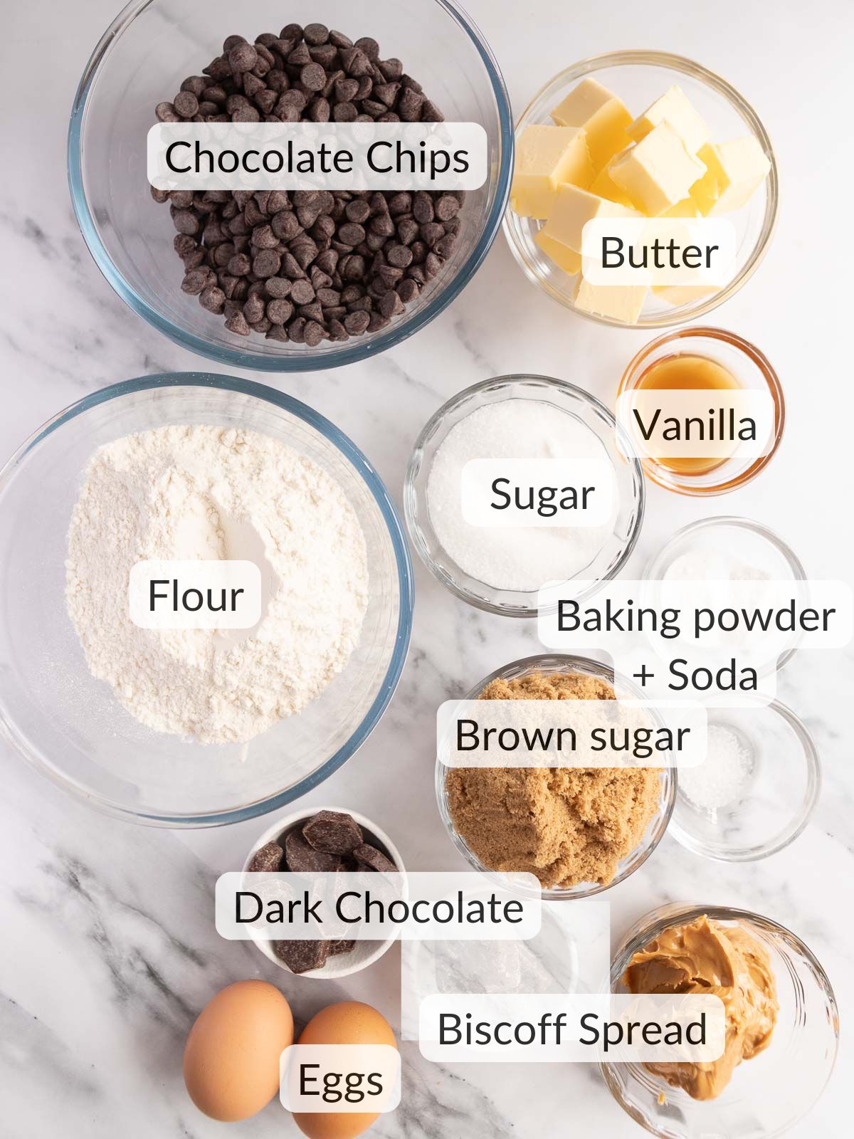 Ingredients needed to make biscoff stuffed cookies.