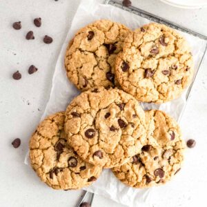 Freshly baked no chill chocolate chip cookies on a tray.