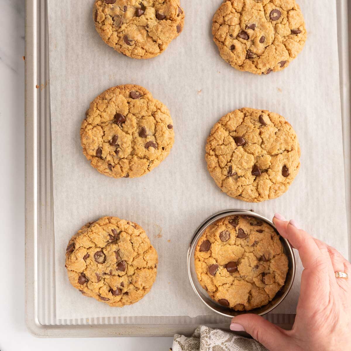 Freshly baked no chill chocolate chip cookies.