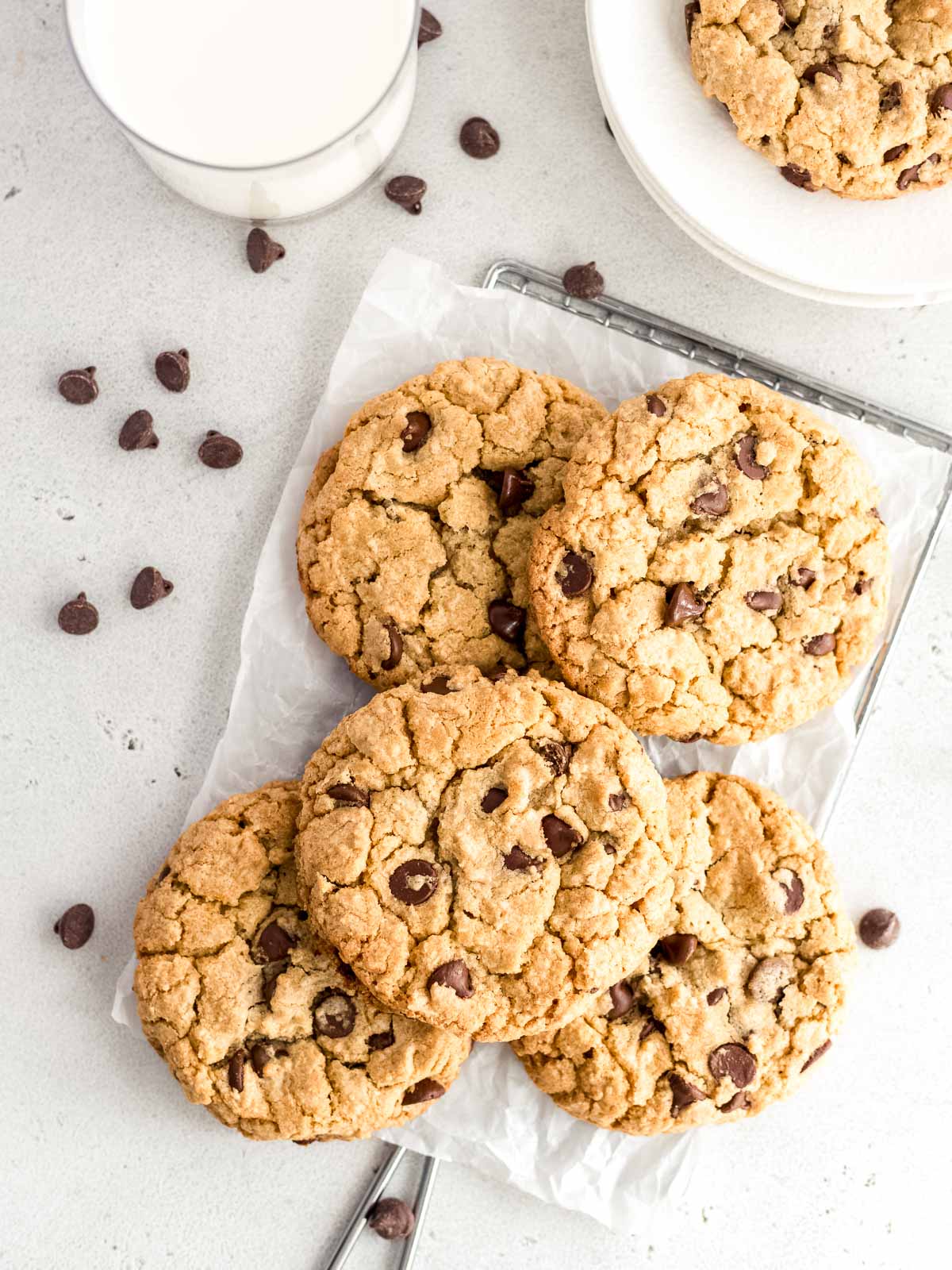 Freshly baked no chill chocolate chip cookies.