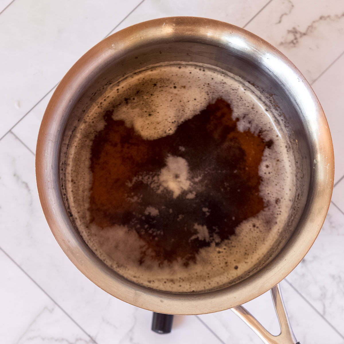 Process shot for making brown butter espresso brownies.