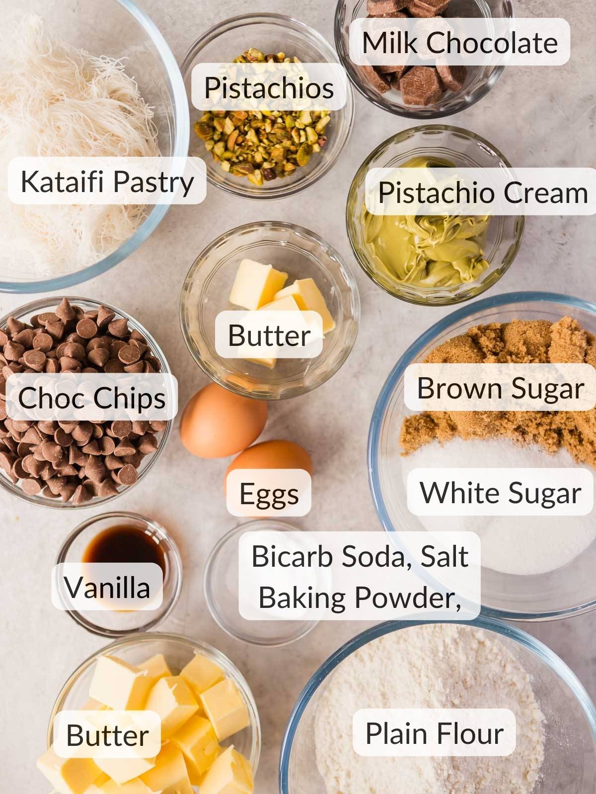 This shows the ingredients needed to make Dubai chocolate cookies.