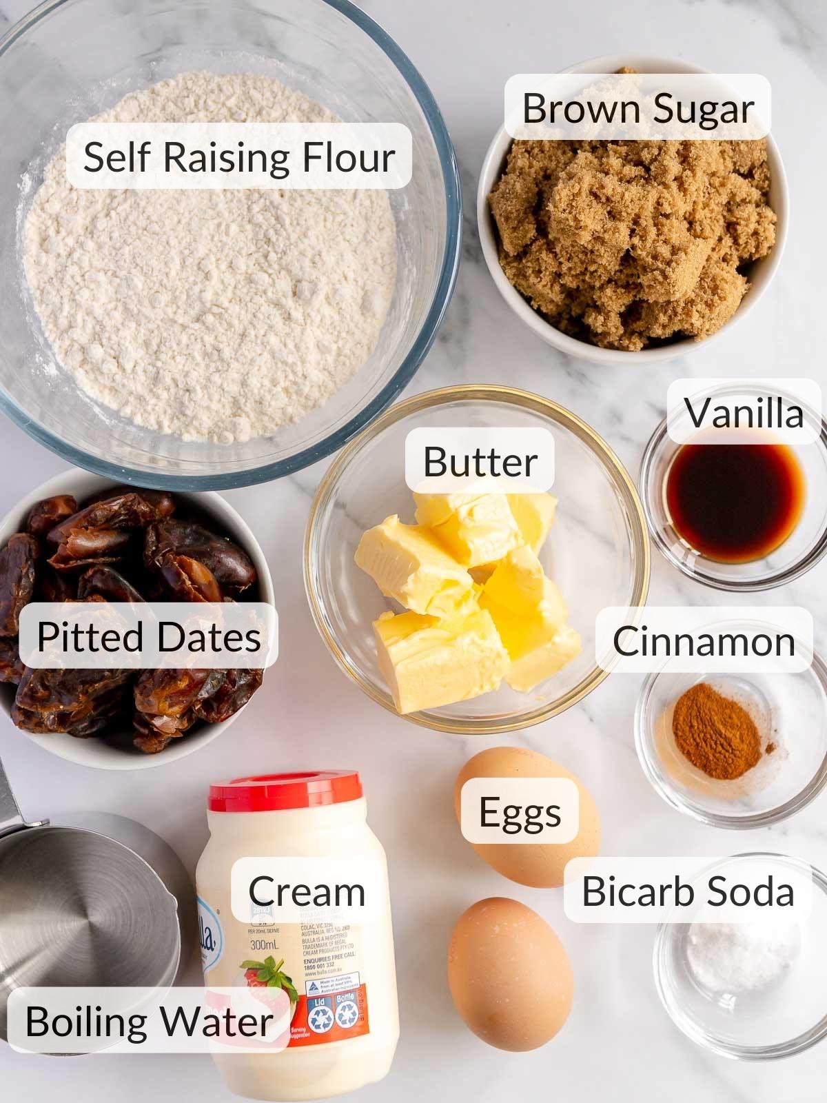 Ingredients needed to make sticky date pudding and butterscotch sauce.