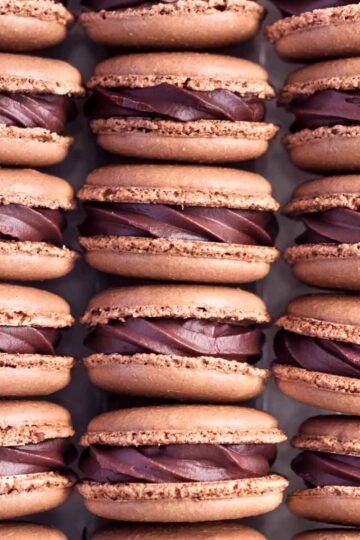 Rows of chocolate macarons, filled with chocolate ganache.