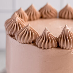 Glossy Chocolate Swiss Meringue Buttercream, used to decorate a layer cake.
