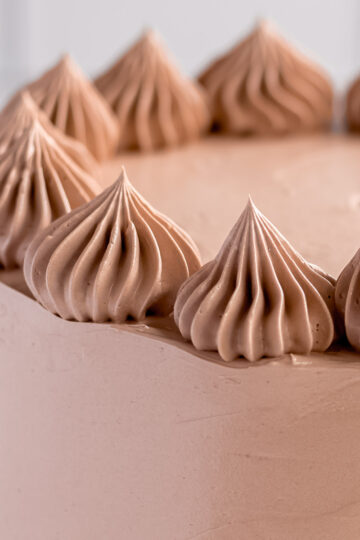 Glossy Chocolate Swiss Meringue Buttercream, used to decorate a layer cake.