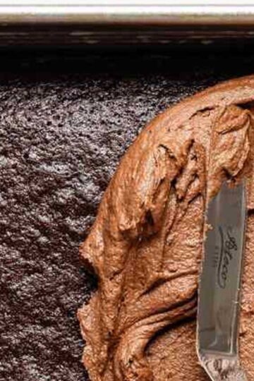 Spreading chocolate frosting onto a chocolate cake.