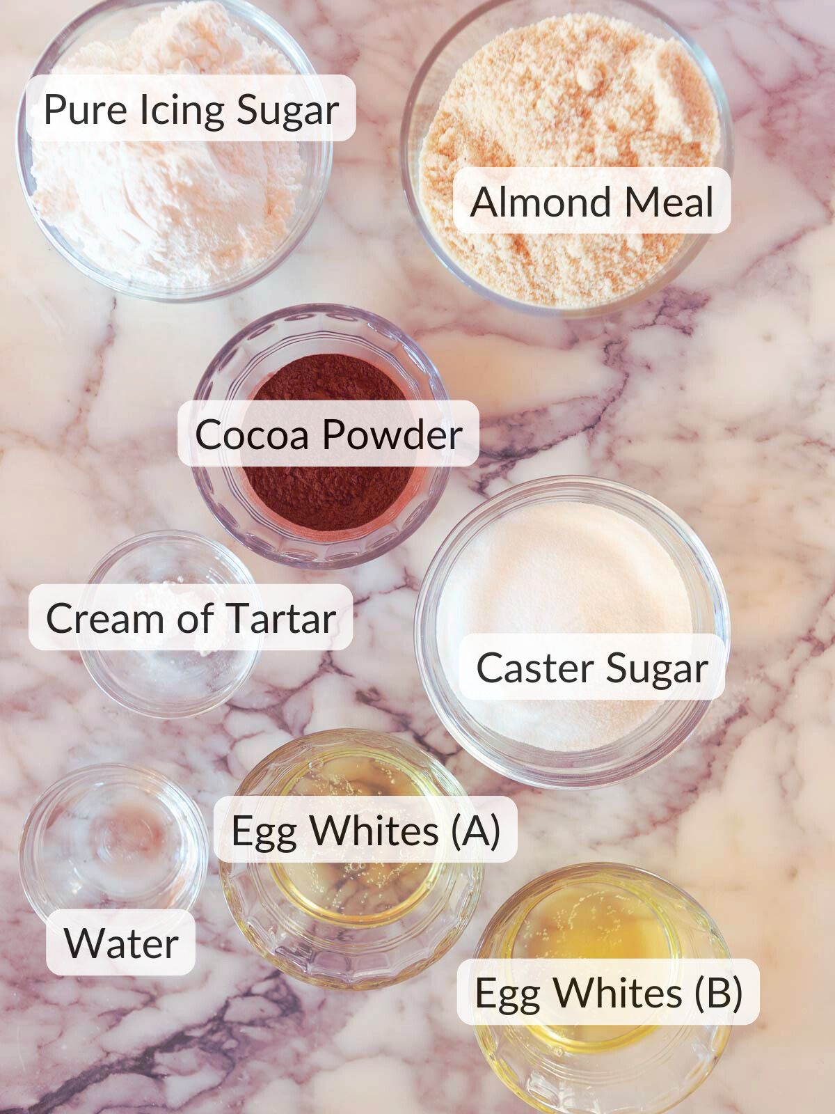 Ingredients needed to make chocolate macarons.