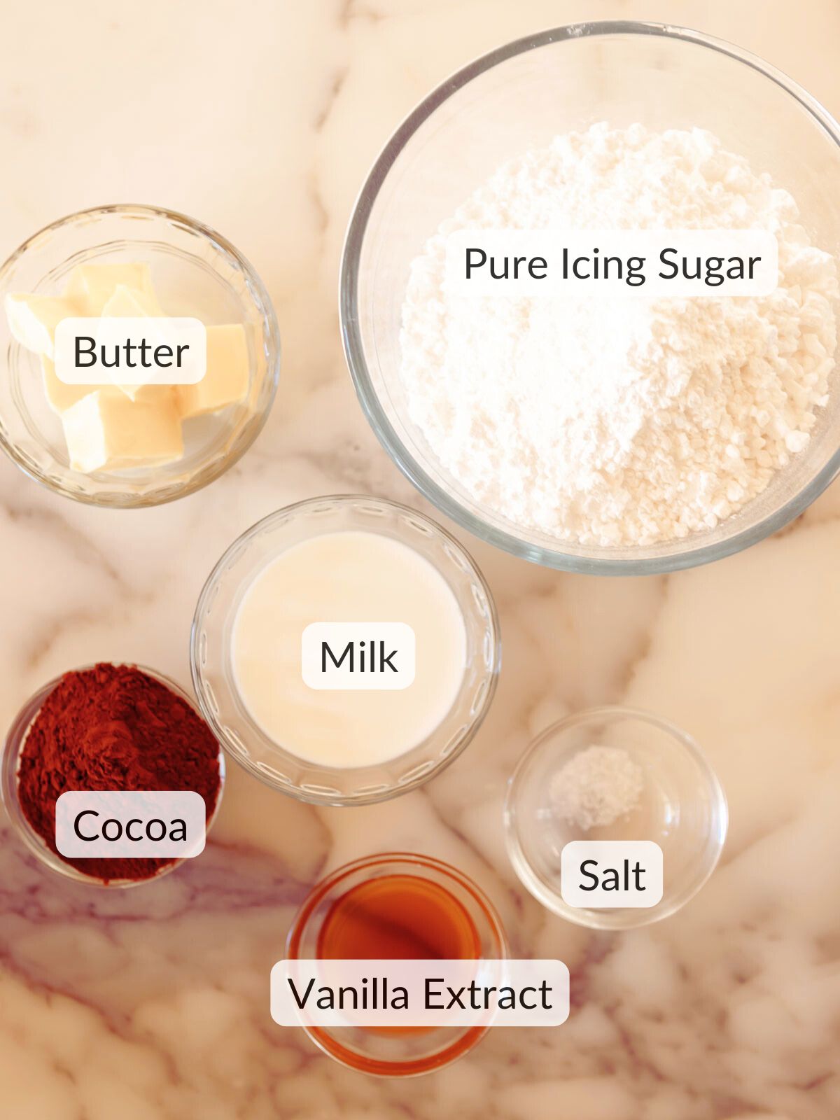 Simple ingredients you'll need to make my Nanna's old-style fudgy chocolate frosting.