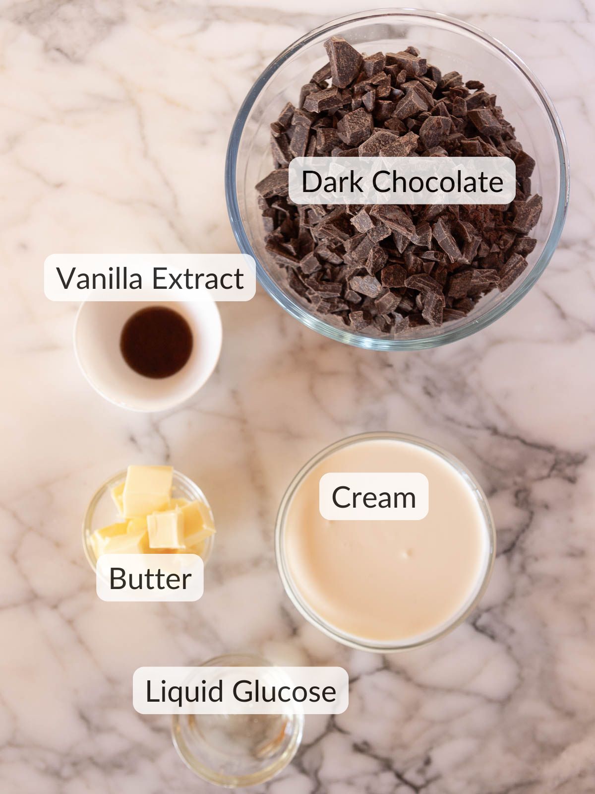 The five ingredients needed to make a silky smooth chocolate ganache.