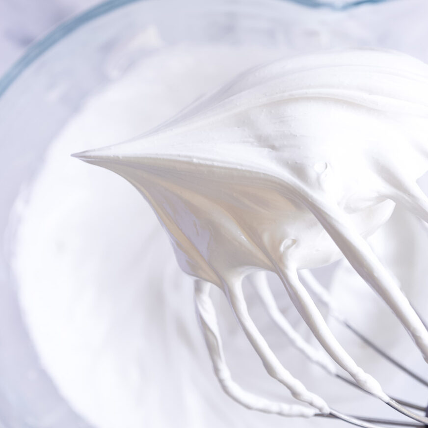 A thick and glossy meringue that has been whisked for 10 minutes.
