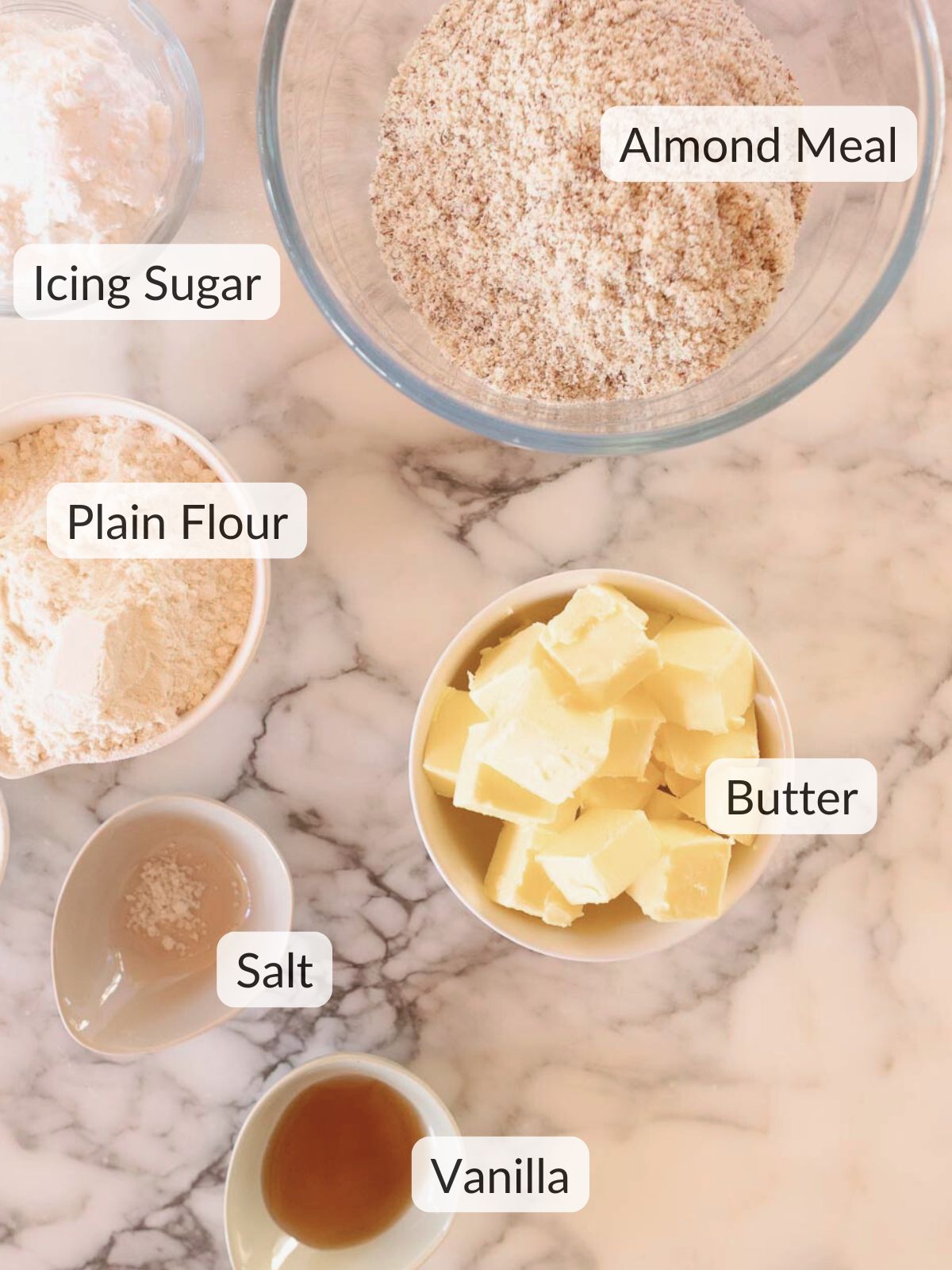 Ingredients used to make Austrian vanilla crescent cookies.