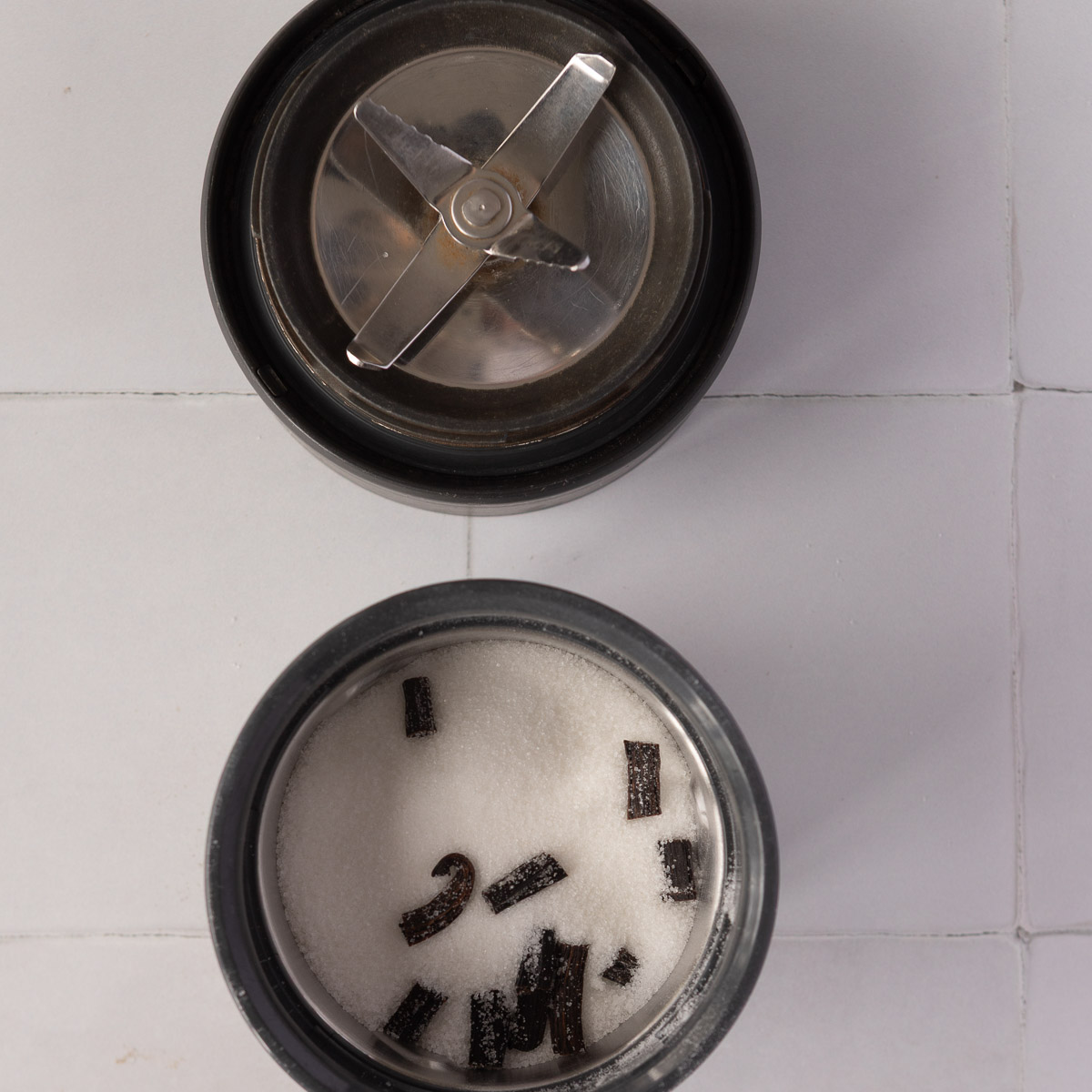 Sugar and vanilla beans in a mini blender.